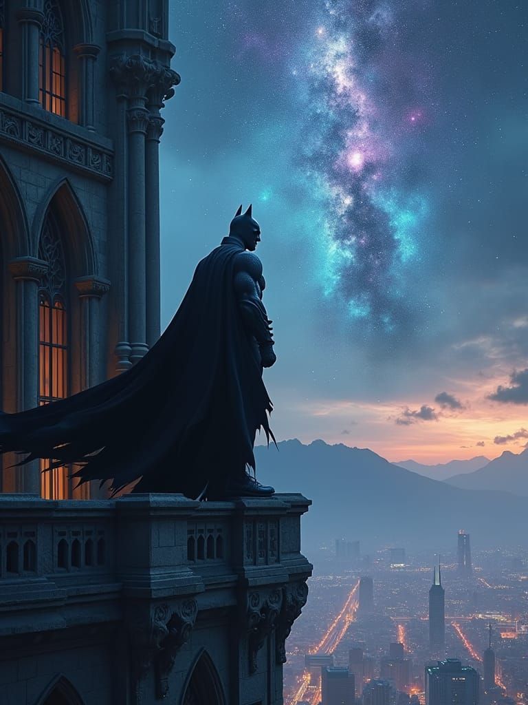 Batman Silhouette Against Cosmic Gothic Sky