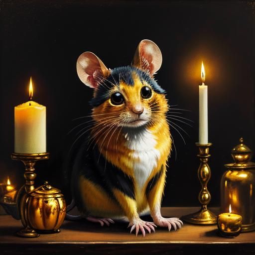 Baroque Thief Mouse Among Treasures in Candlelight