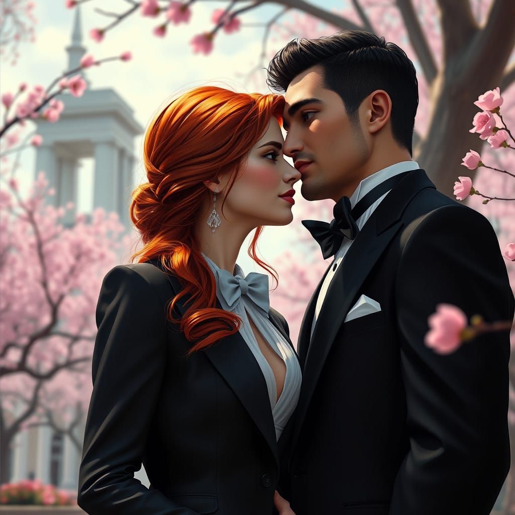 Red headed girl dressed in formal suite in love with dark he...