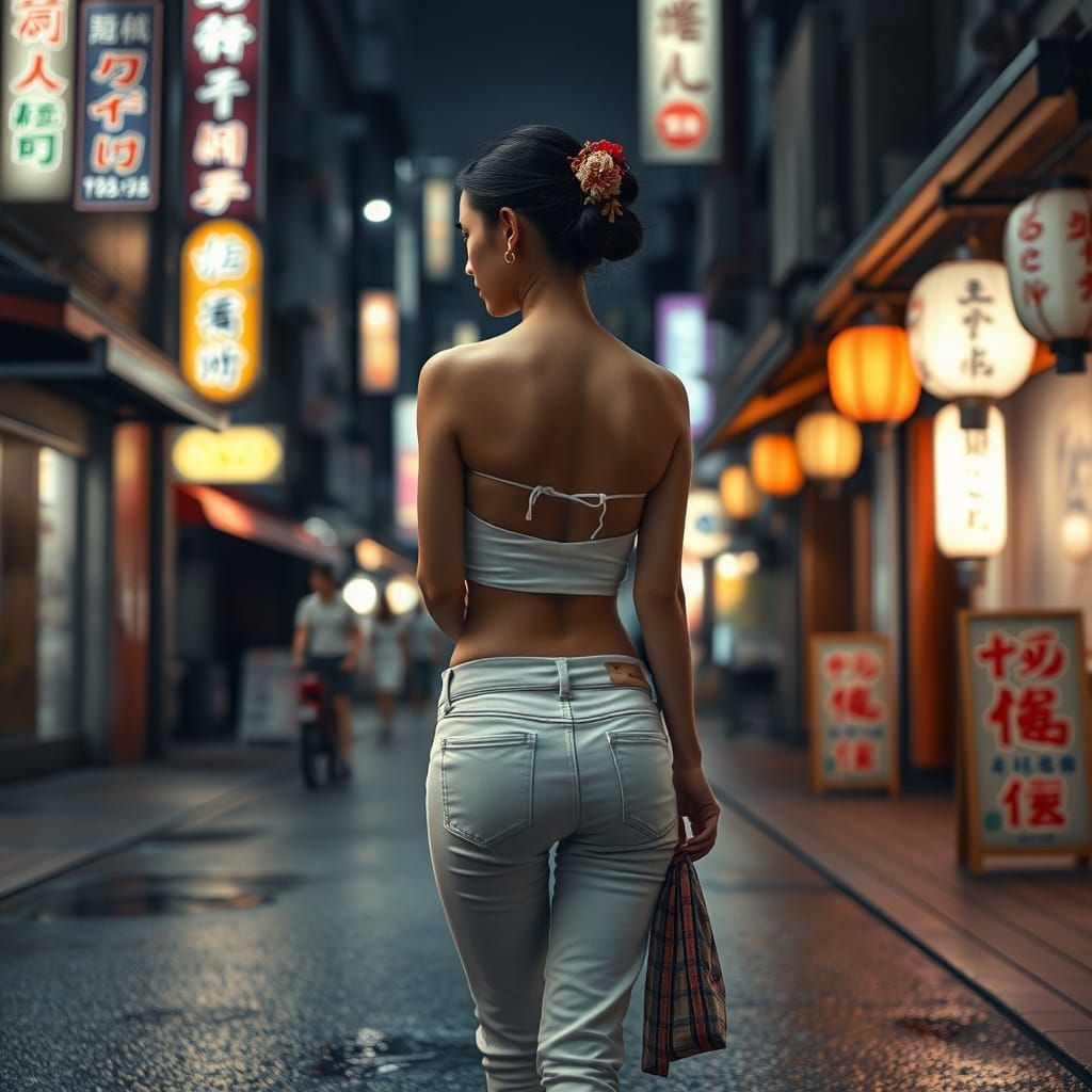 Geisha in Neon Tokyo Street, Realistic Textures