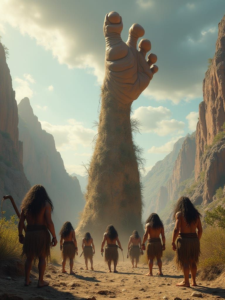 Prehistoric Cavemen Befuddled by Upside-Down Giant Leg