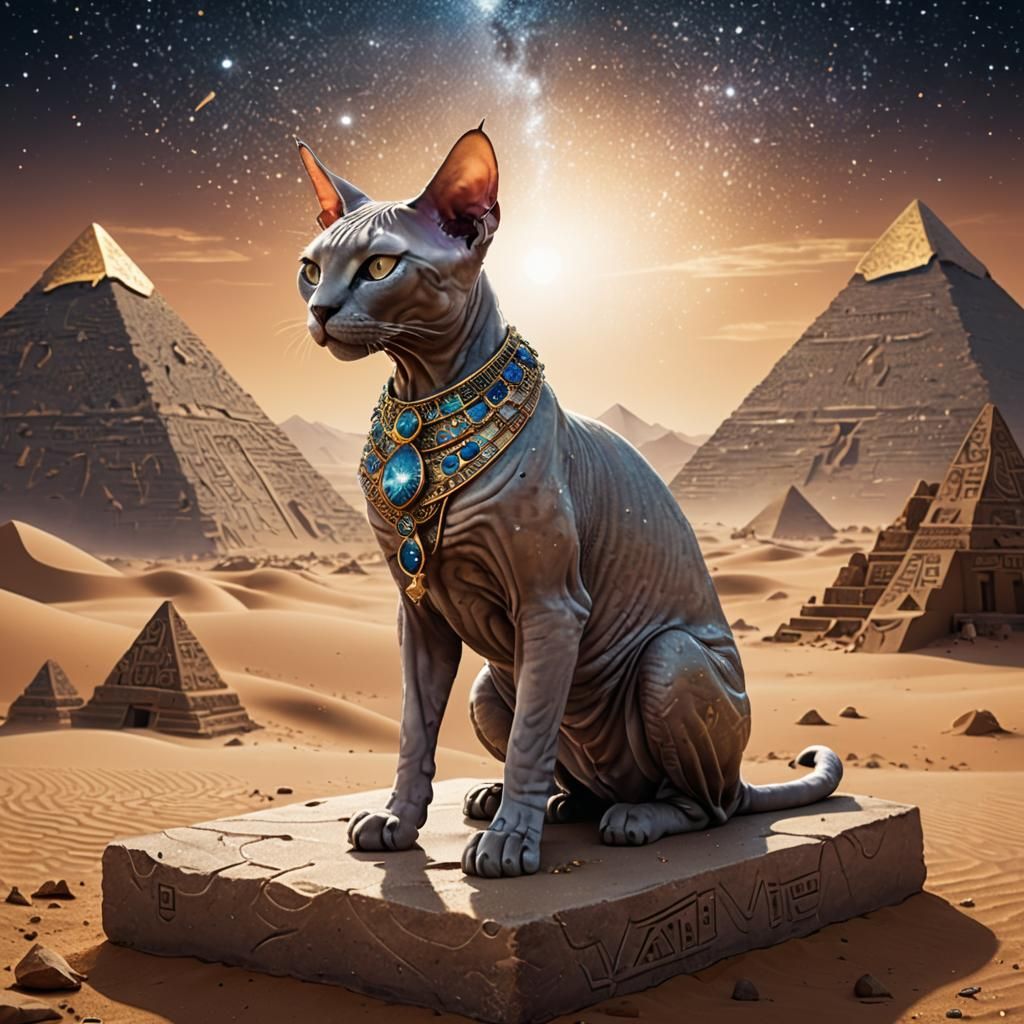 Egyptian Cat Priestess Under Starlit Sky: Digital Art