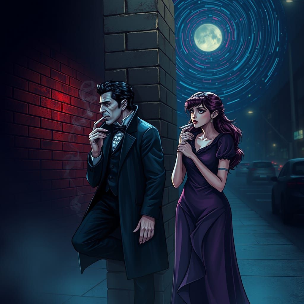 Moody Vampires Smoking on Sidewalk at Midnight