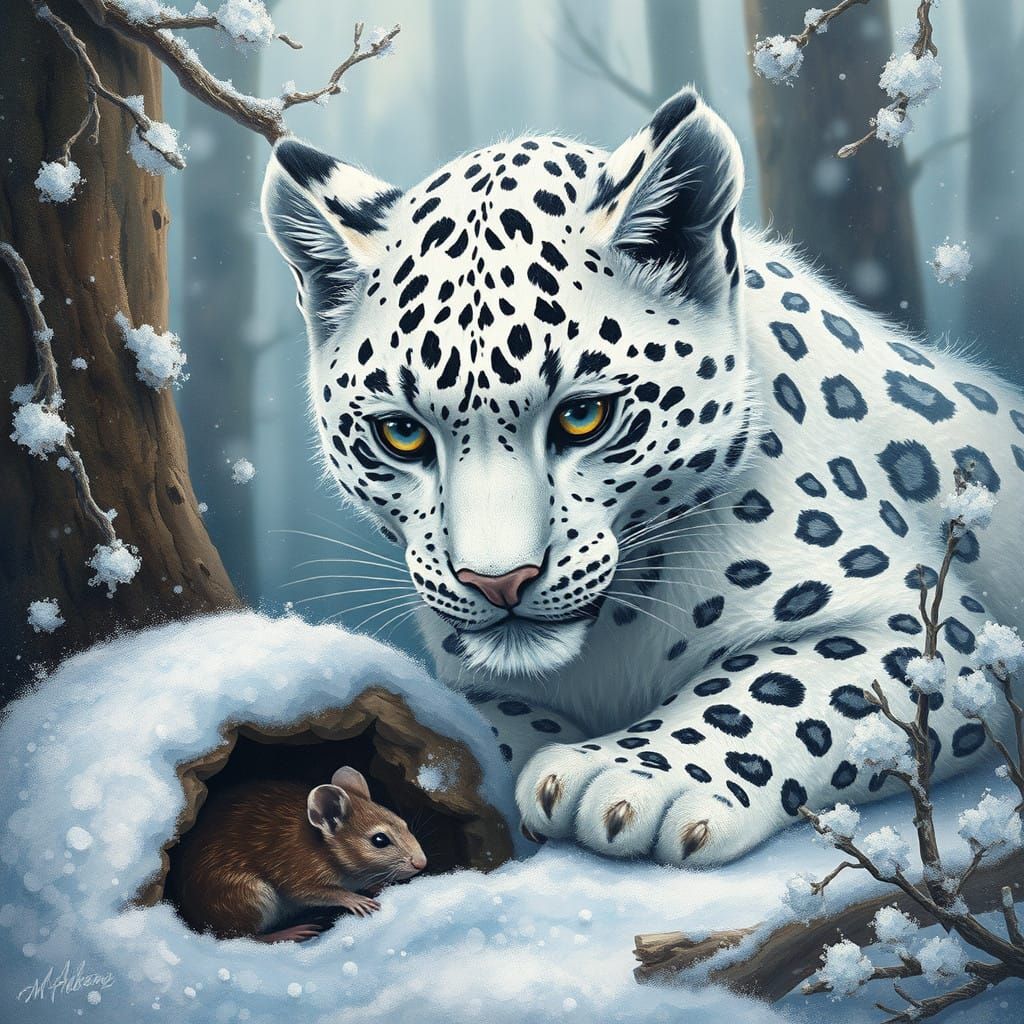Winter Whimsy: Snow Leopard and Mouse in Frosty Forest
