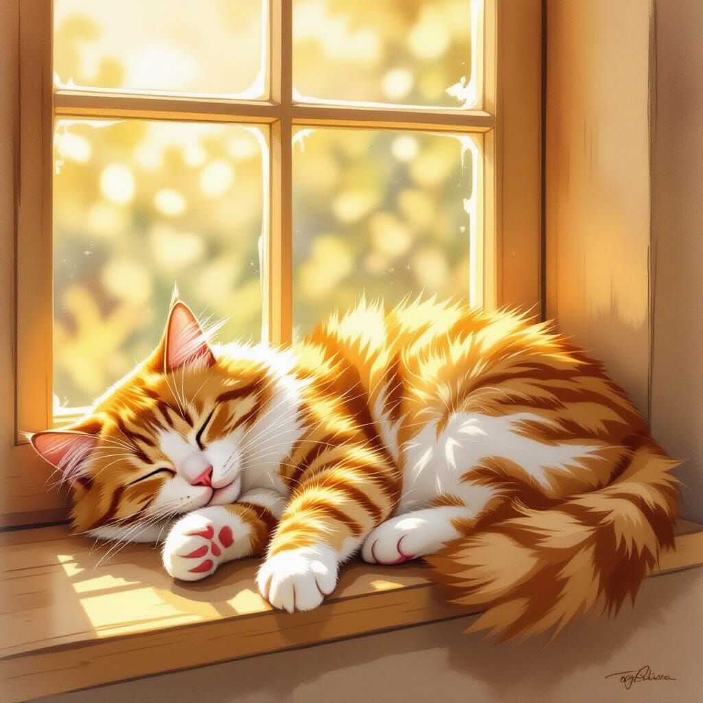 Red Cat Sleeping Serenely in Sunny Window