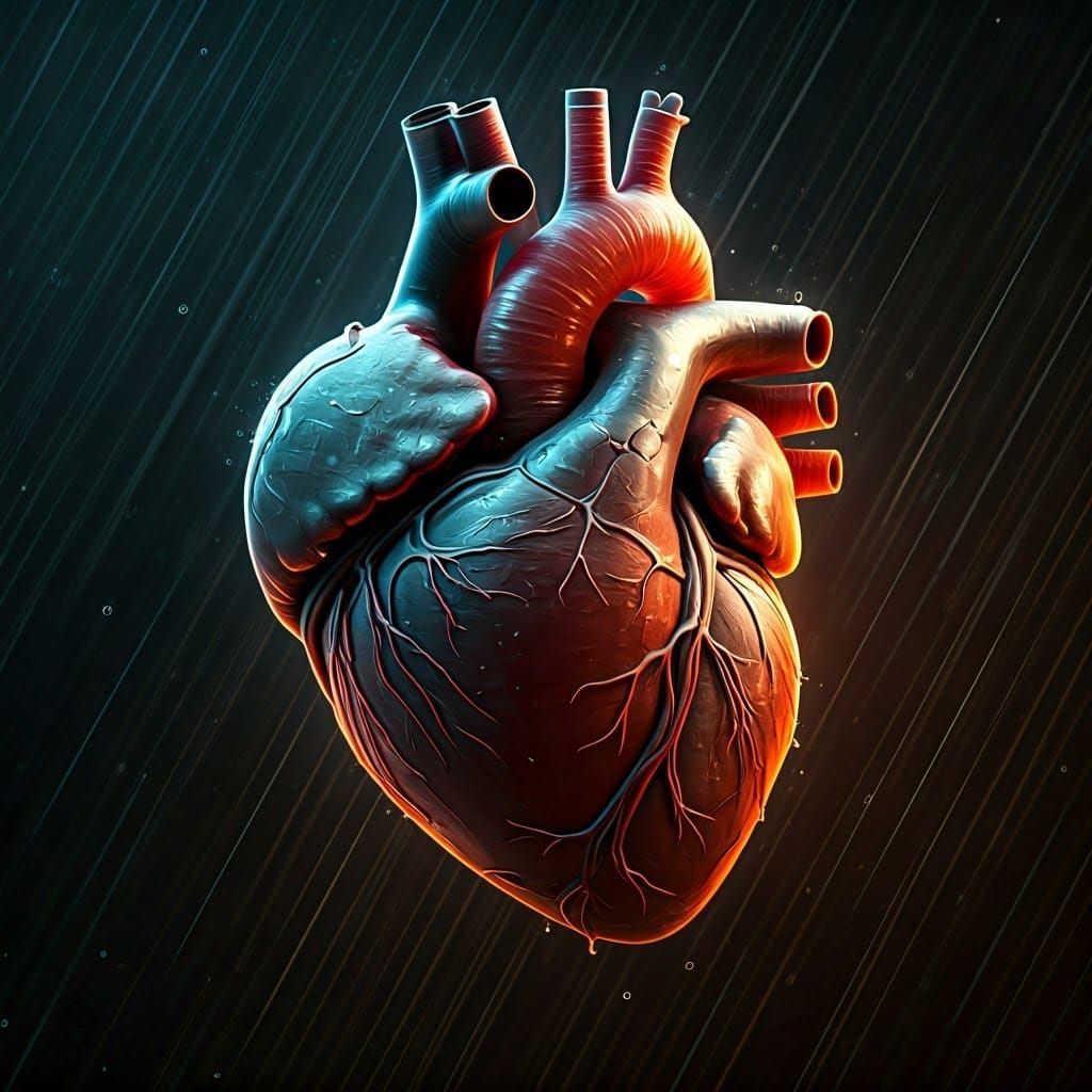 Futuristic Heart in Rain, 3D Rendered Digital Art