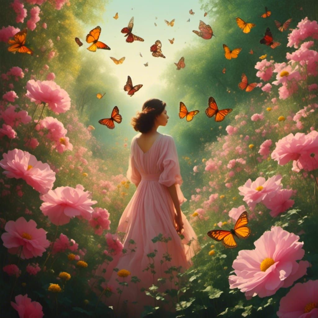 Dreamlike Surrealism: Woman in Lush Butterfly Garden