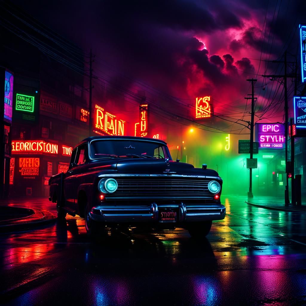 Dystopian Cityscape with Neon Lights in the Rain
