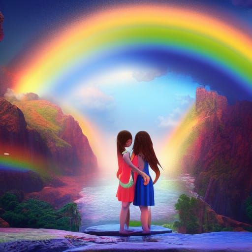 Girls Holding Hands Before Rainbow: Fantasy Art