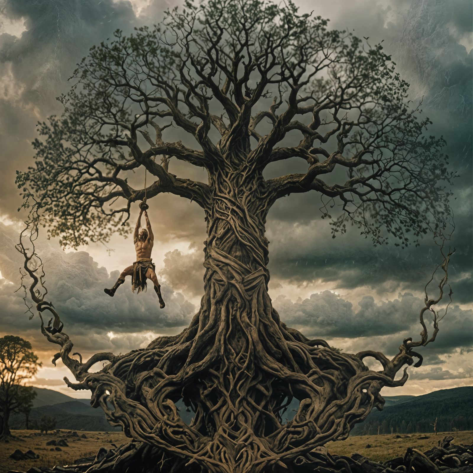 Odin Suspended from Yggdrasil: A Cinematic Still