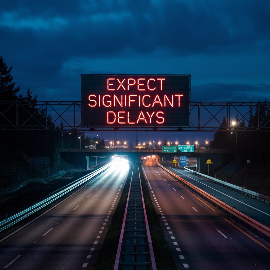Neon Highway Sign Warns of Delays