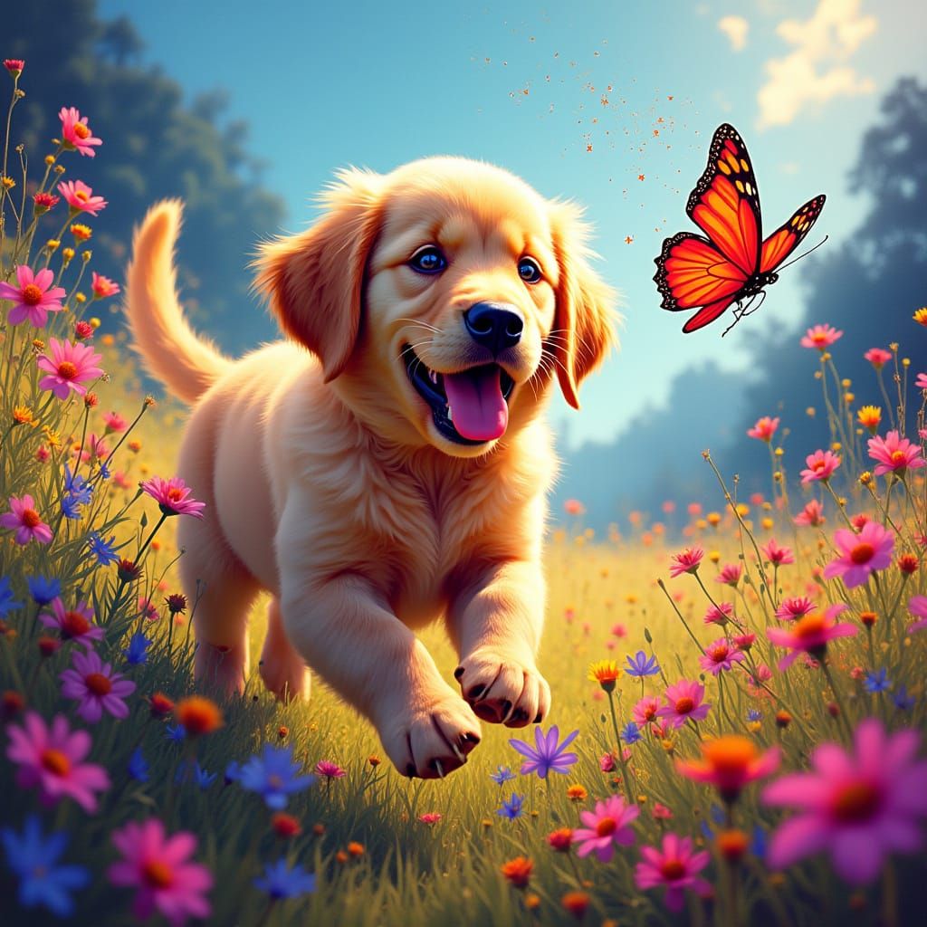 Golden Retriever Puppy Chases Butterfly in Psychedelic Meado...