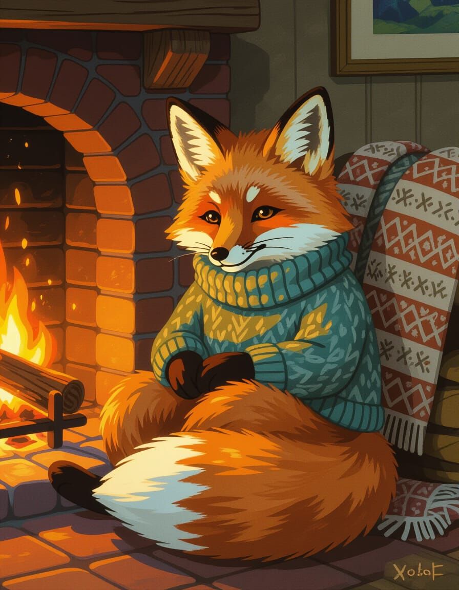 Fox in Sweater by Fireplace, Whimsical Illustration