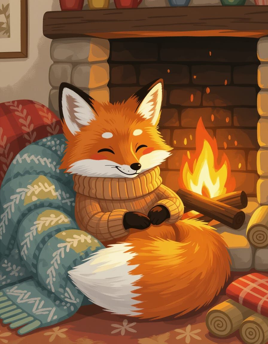 Cozy Fox in Sweater by Fire, Whimsical Art