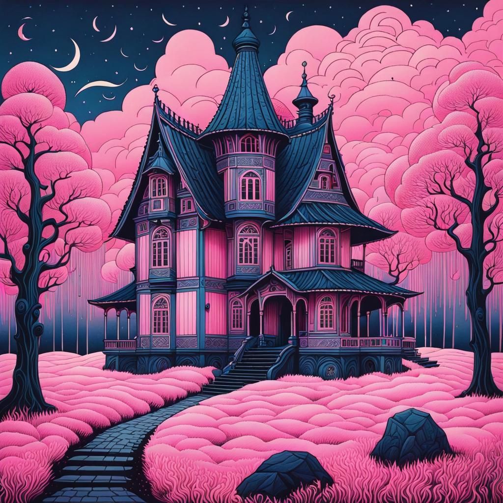 Blue House in Pink Mist, Bilibin Style