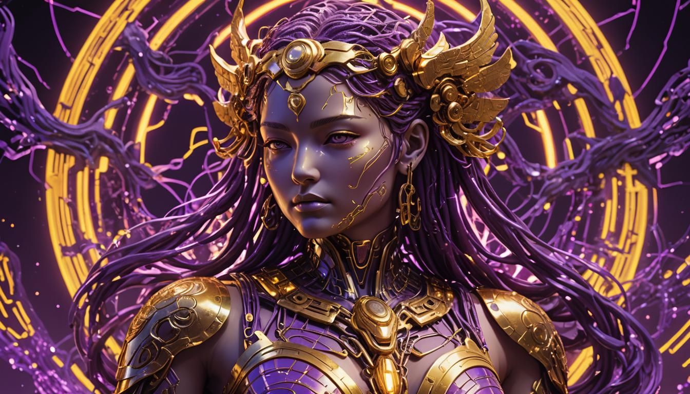 Neon Goddess Statue in Cyberpunk Anime Style