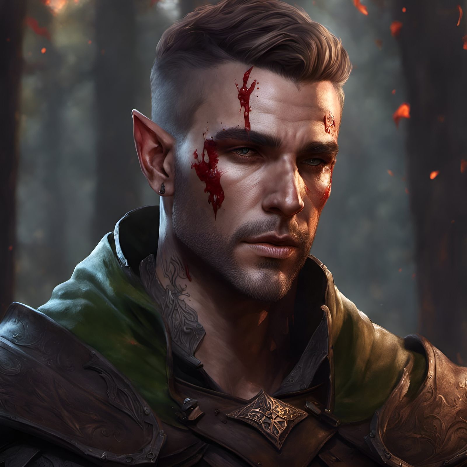 Bloodied Elf Ranger Portrait in Dark Fantasy Style