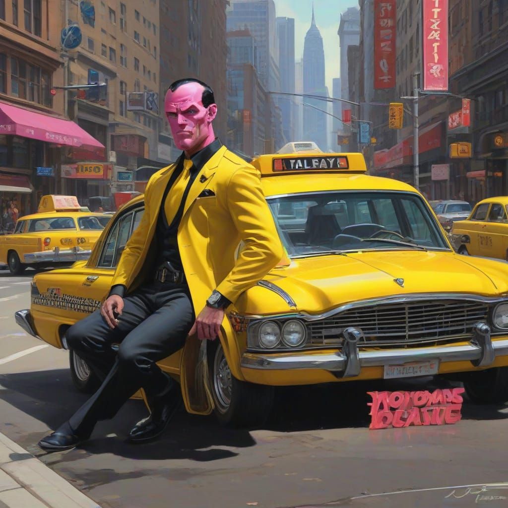 Supervillain Taxi Driver in Urban Landscape