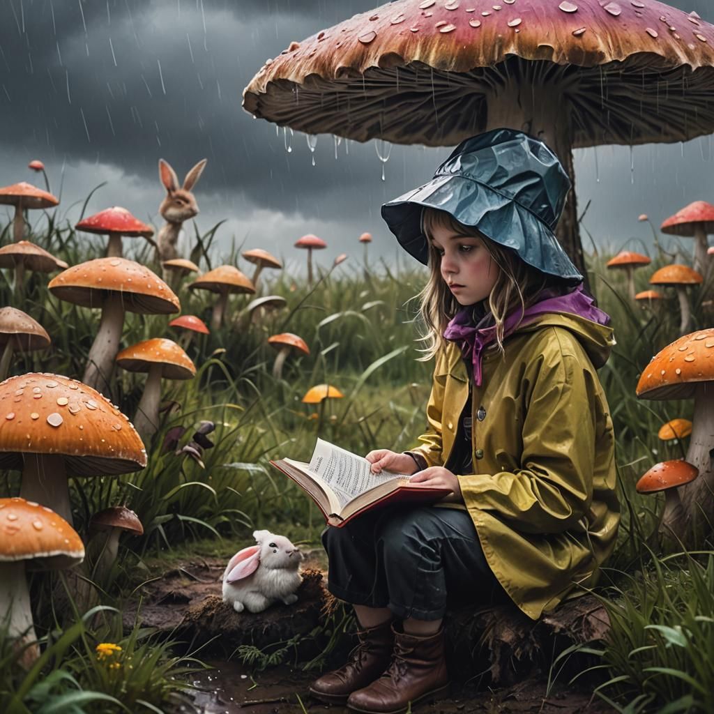 Magical Realism: Girl Reading Under Mushroom in Storm