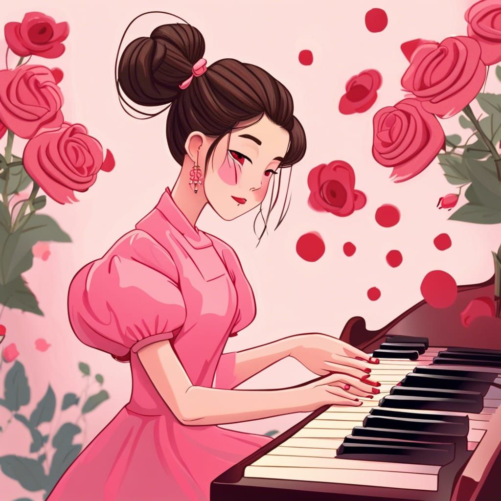 Chinese Girl in Pink Dress Plays Piano