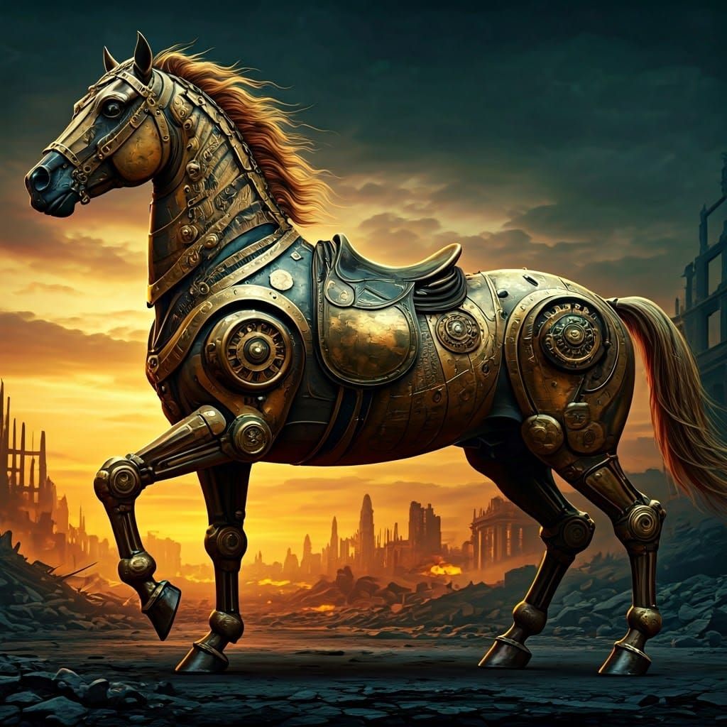 Steampunk War Horse in a Ruined Cityscape