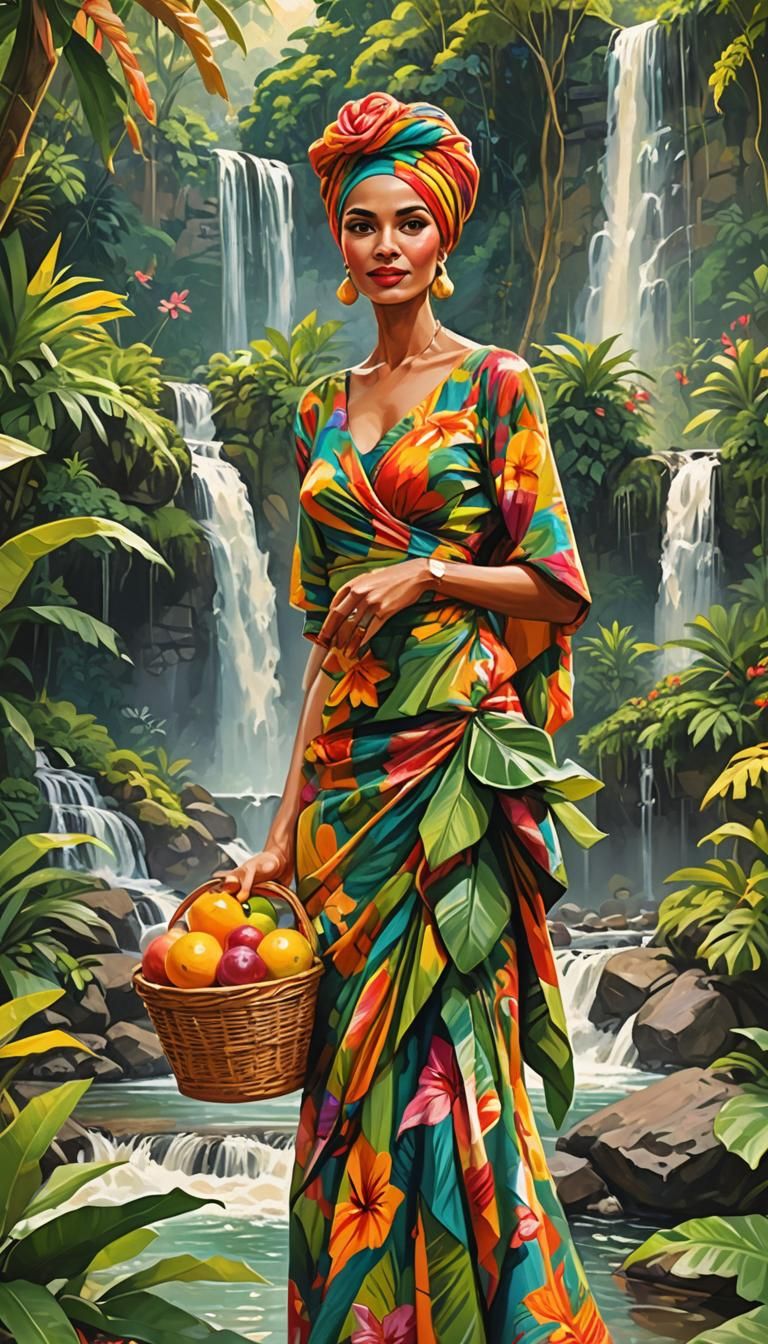 Colorful Tropical Portrait with Fruit Basket