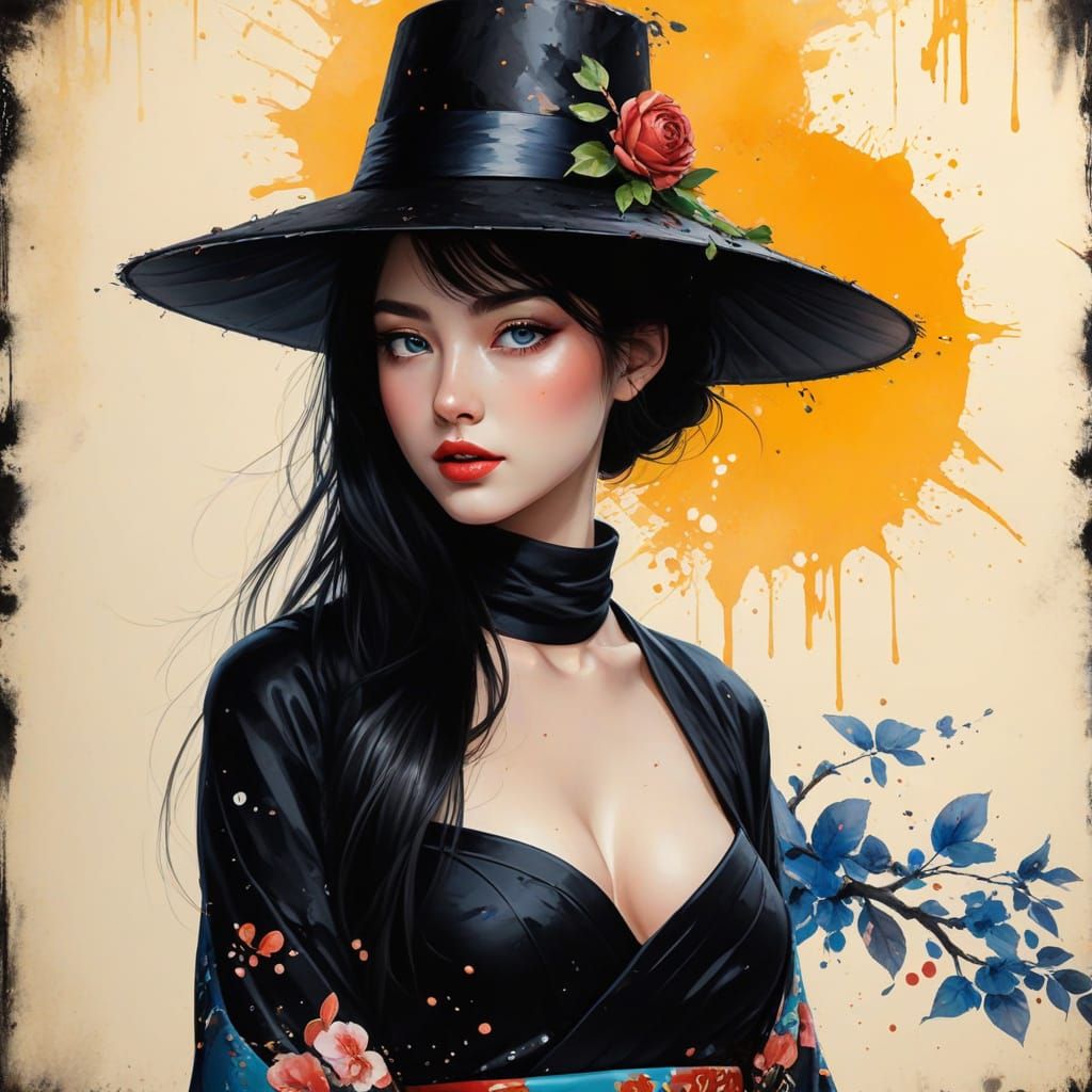 Anime-Inspired Portrait of a Young Woman in Traditional Kimo...