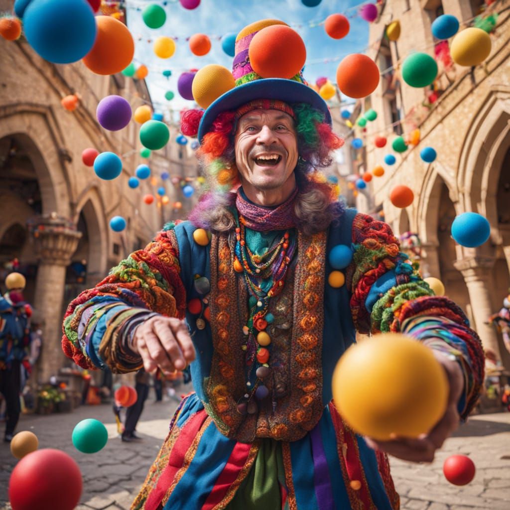 Vibrant Jester Juggles in Bustling Medieval Courtyard