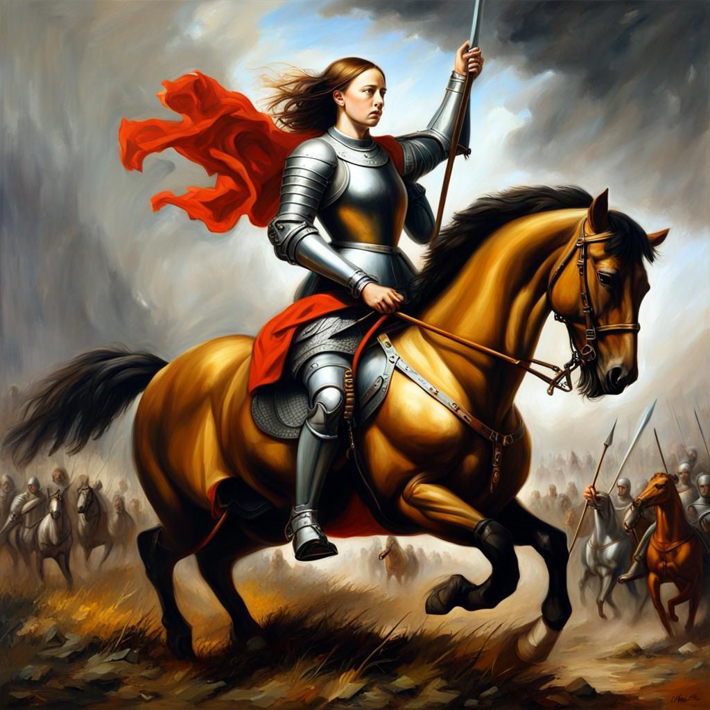 Joan of Arc on Battlefield as Oil Painting