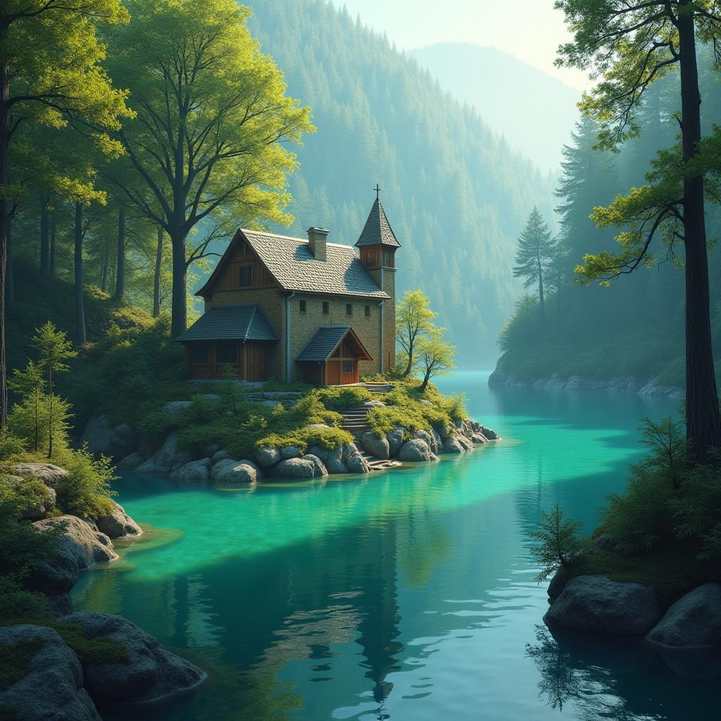 Luminous Lake with Island Church, Digital Painting