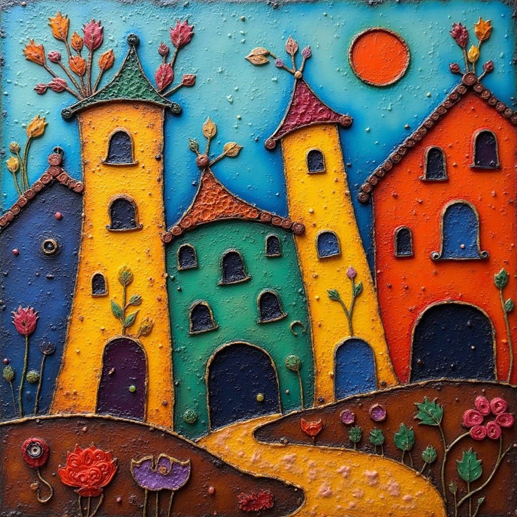 Whimsical Village Scene as Naive Encaustic Painting