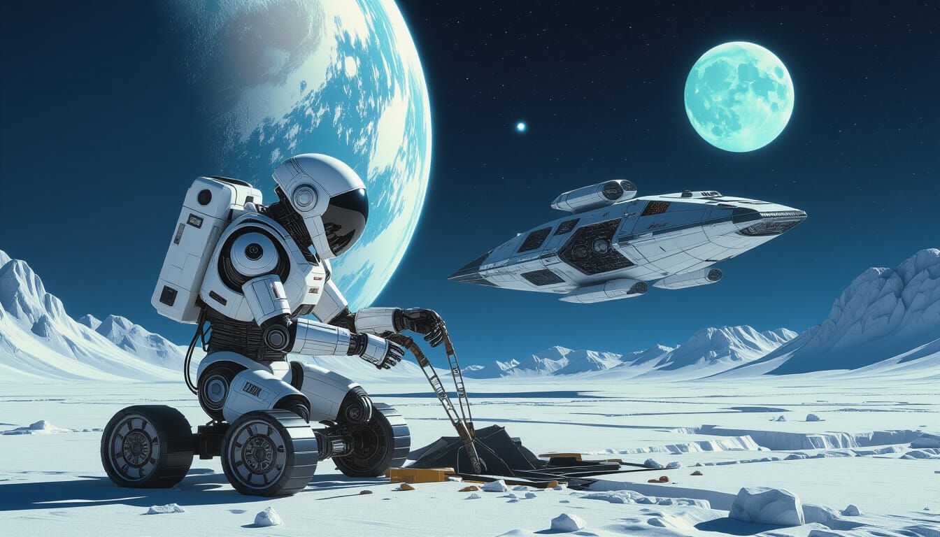 Robot Repairs Spaceship in Photorealistic Sci-Fi Art