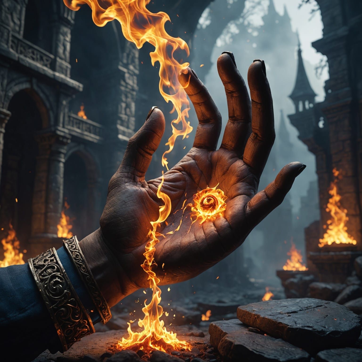 Hand Casting Fire Spell: Detailed Fantasy Art