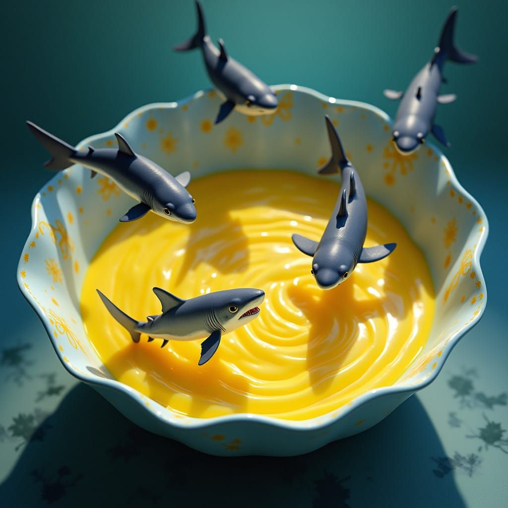 Surreal Sharks Swim in Vibrant Yellow Custard