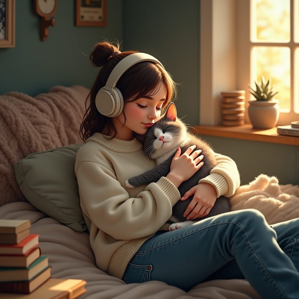 Lofi Girl Hugging Cat in Cozy Room