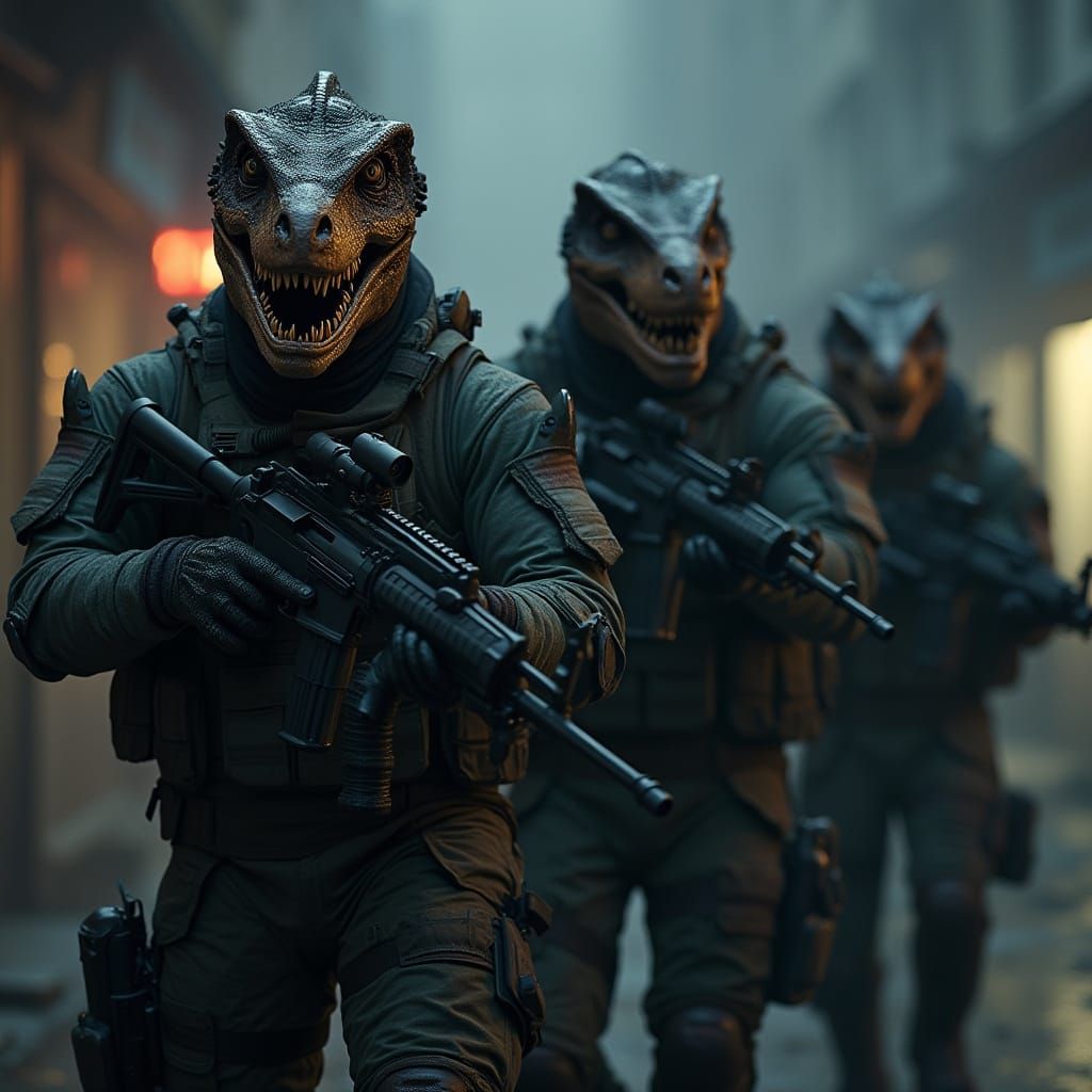 Cyberpunk Raptors in Tactical Gear Unleash Urban Warfare