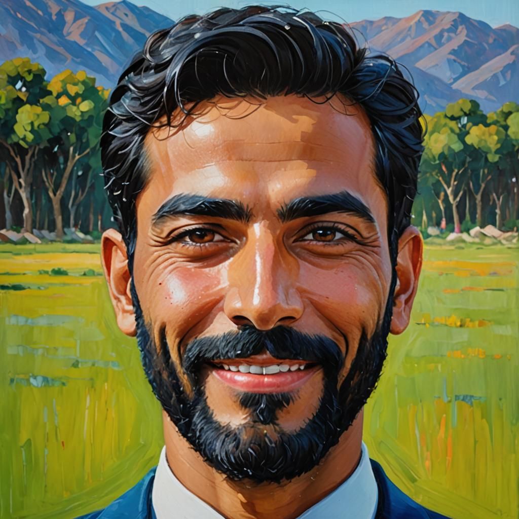 Joyful Portrait of Handsome Man in Expressionist Oil Paintin...