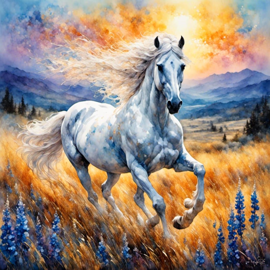 White Stallion Running: Colorful Matte Style with Gold