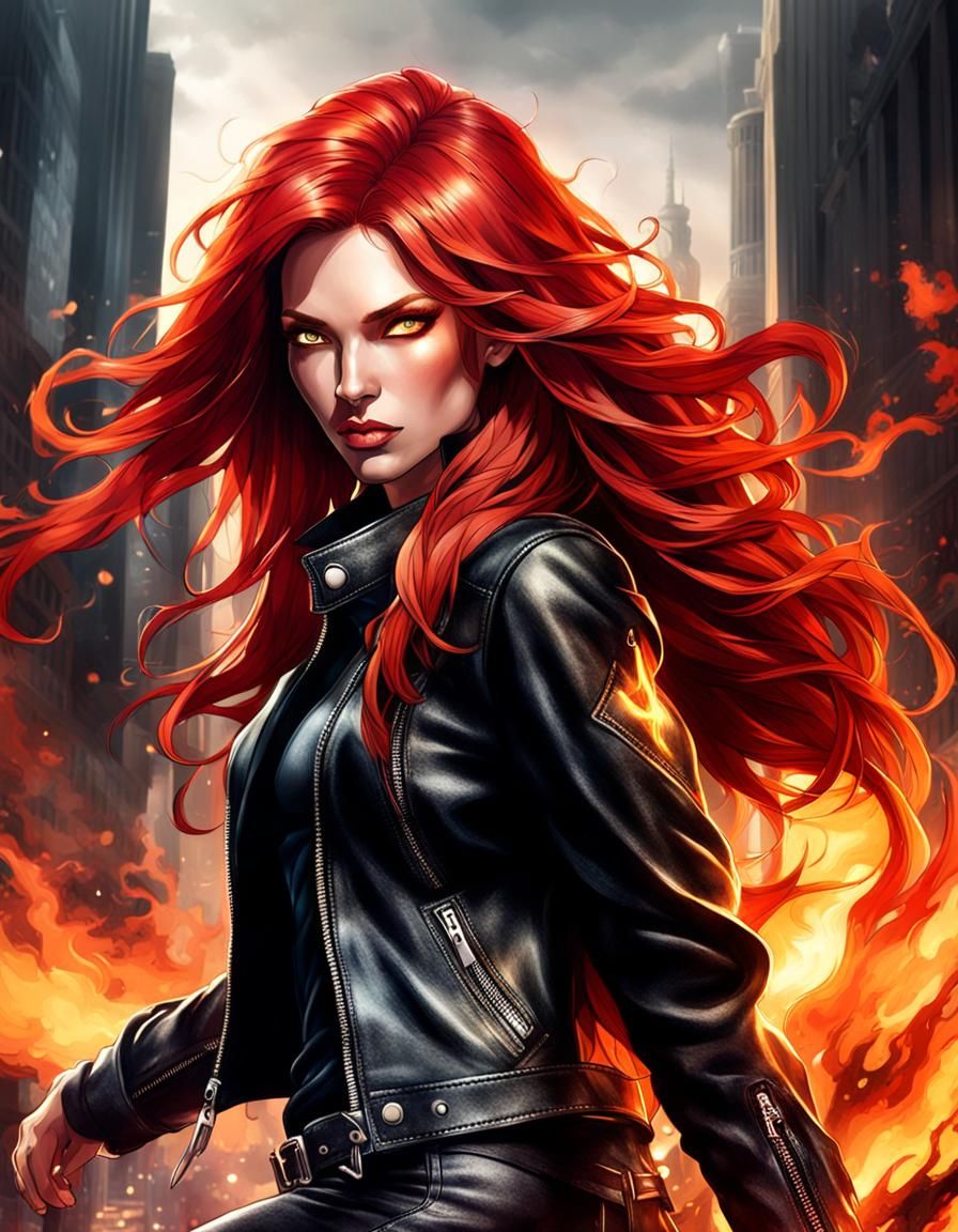 Seductive Fire Elemental Woman in Cityscape