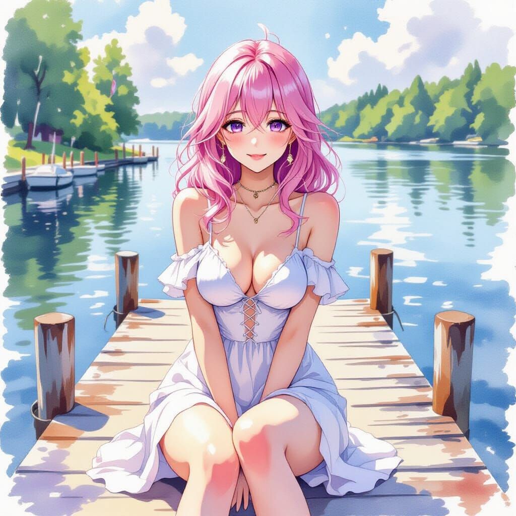 Pink-Haired Woman at Dock in Gouache Style