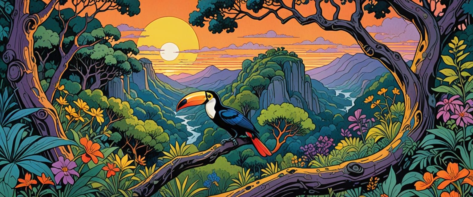 Toucan and Snake in Ancient Forest