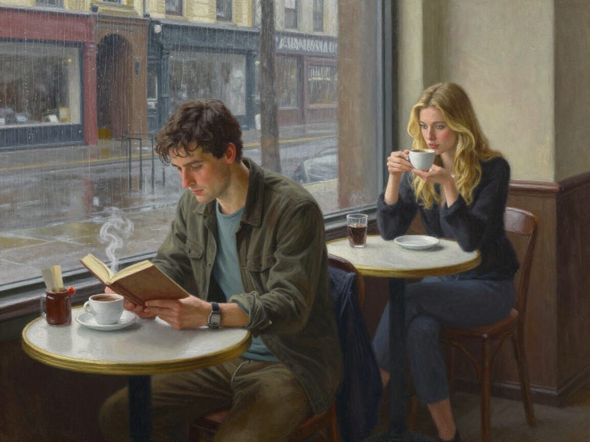 Man and Woman in Rainy Cafe, Oil Painting