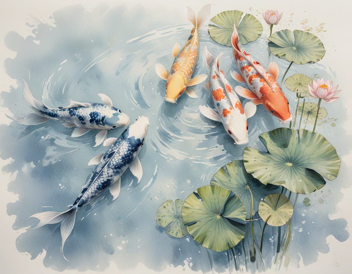Koi Fish Among Water Lilies in Ink Wash Style
