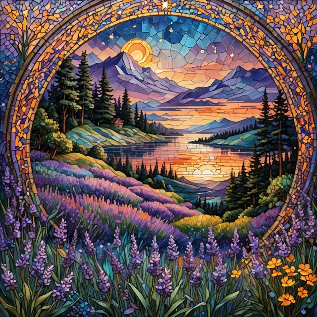 Lavender Field Mosaic in Stained Glass Style