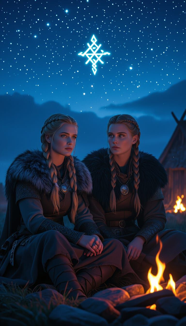 Nordic Hall: Shieldmaiden and Warrior at Dawn