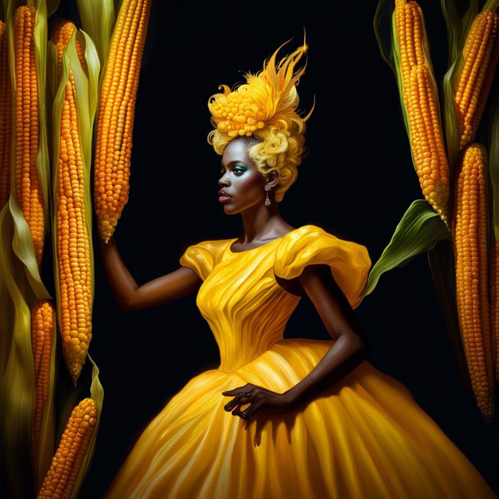 Hyperrealistic Corn Maiden in Yellow Ball Gown