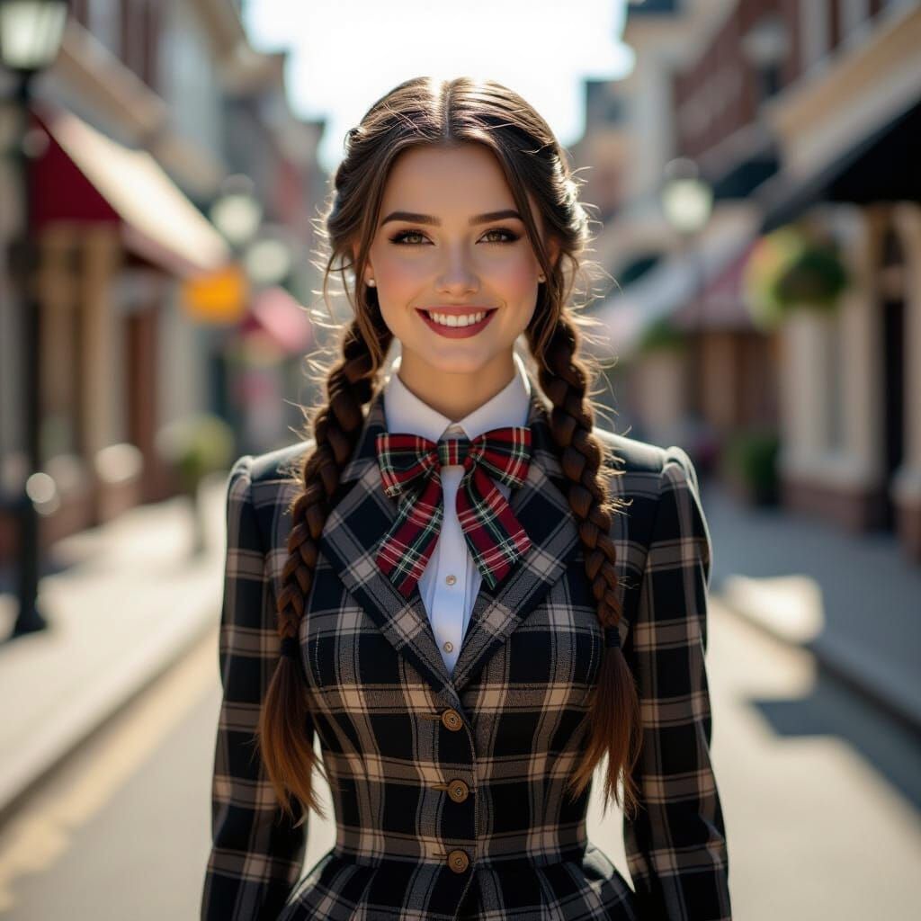 Gothic Lady in Victorian Dress on Sunny Street