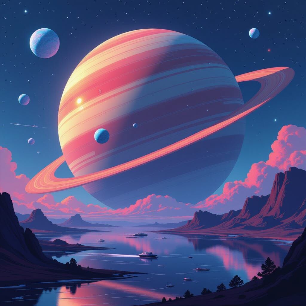 Gas Giant Planet Sty with Moons in Sci-Fi Style