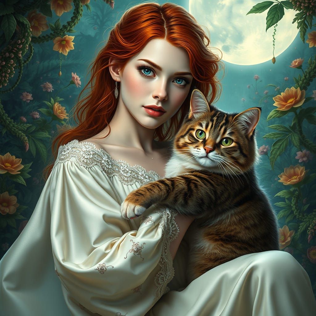 Enchanted Lady with Majestic Cat in Mystical Garden
