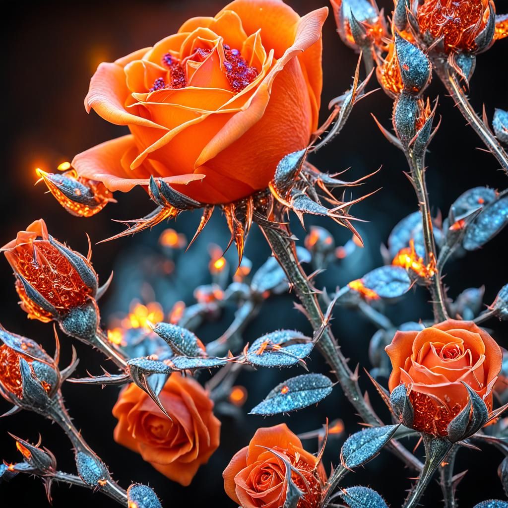 Fiery Bioluminescent Crystal Rose Fantasy Artwork